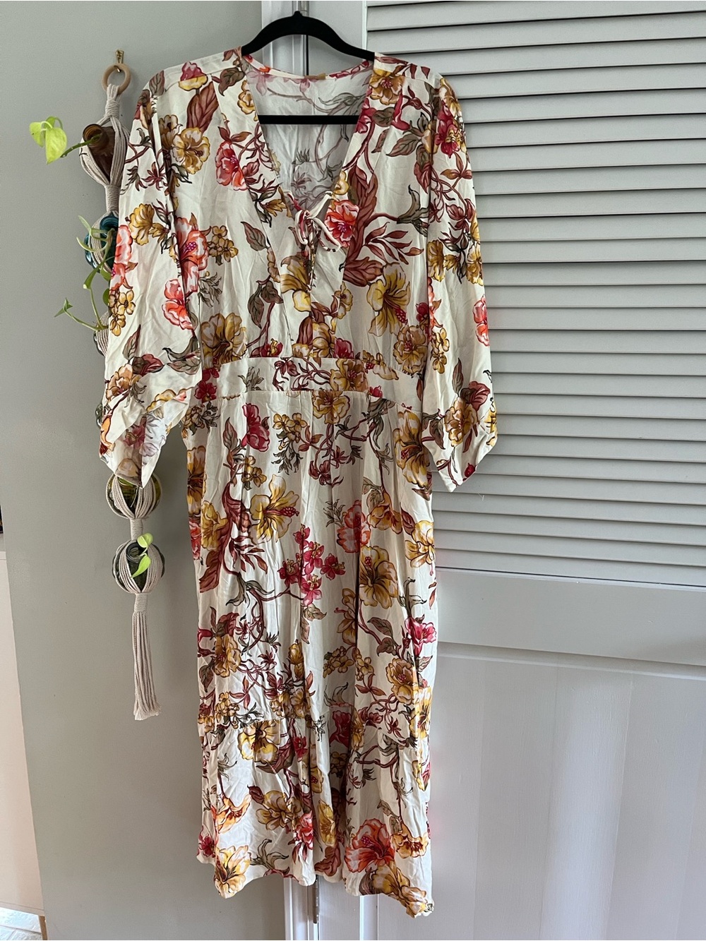 Cream Floral V-Neck Midi Dress with Pink & Yellow Blooms